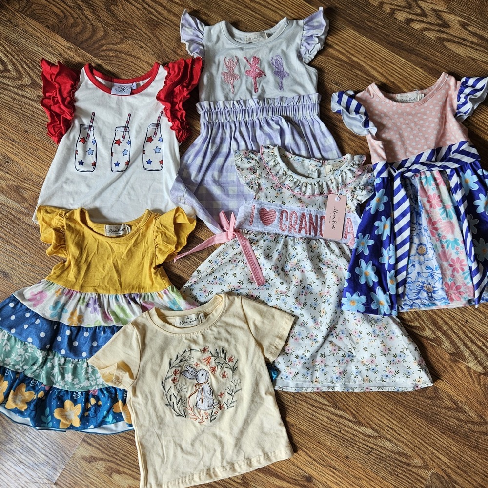 Lot Of 6 Marie Nicole Girls Tiered Print Ruffle Dress Shirt Floral Bunny USA Bow